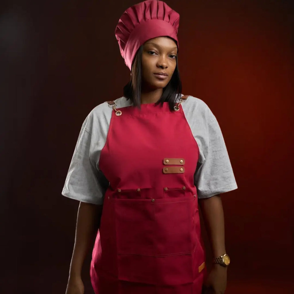 Tablier Professionnel rouge en Toile Canvas avec Sangles Simili Cuir – Style Chef & Barista