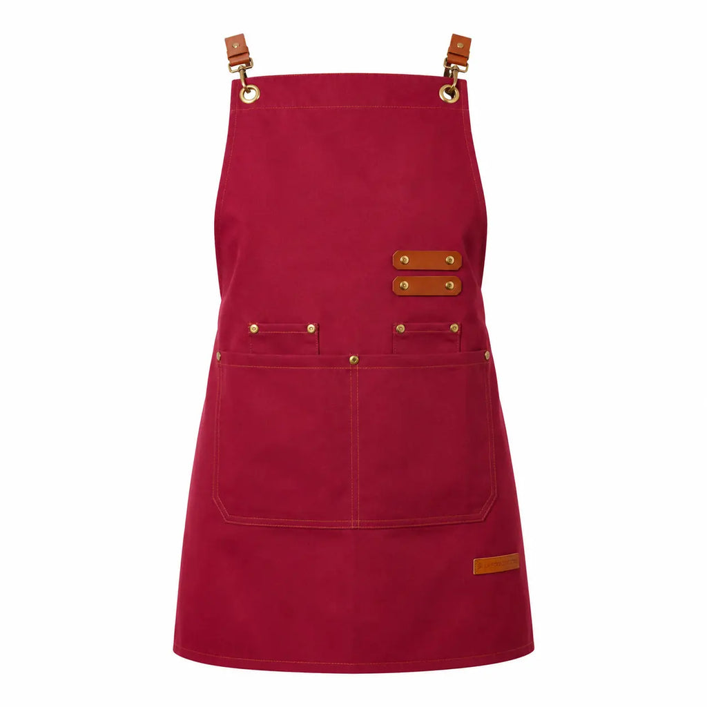 Tablier Professionnel rouge en Toile Canvas avec Sangles Simili Cuir – Style Chef & Barista