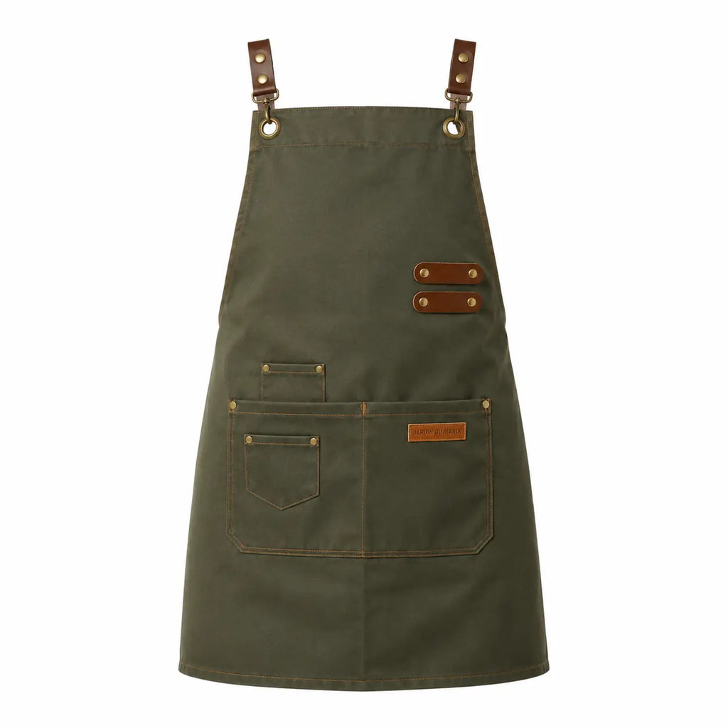 Tablier Professionnel vert en Toile Canvas avec Sangles Simili Cuir – Style Chef & Barista