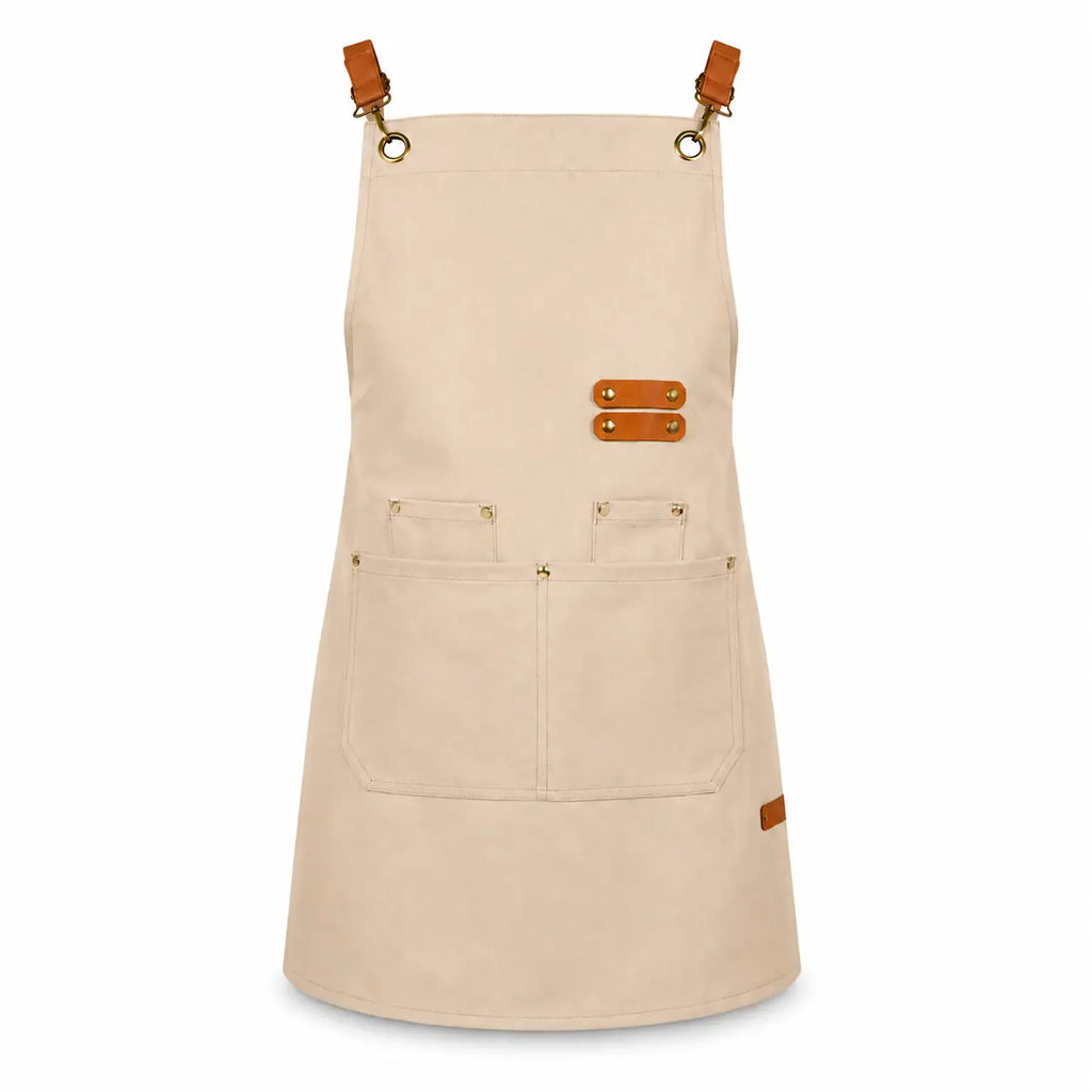 Tablier Professionnel beige en Toile Canvas avec Sangles Simili Cuir – Style Chef & Barista