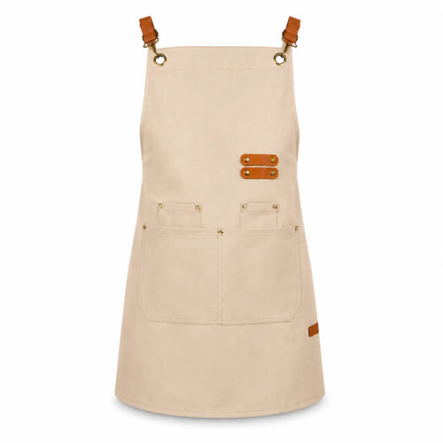 Tablier Professionnel beige en Toile Canvas avec Sangles Simili Cuir – Style Chef & Barista